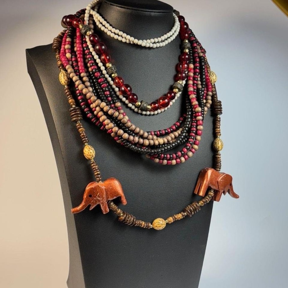 Necklace Lot Vintage Boho Elephant Wood Beads Metal Glass Elegant - Picture 2 of 7